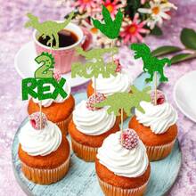 12/24Pcs Dinosaur Cupcake Toppers Green Glitter Roar Dinosaur Cupcake Toppers For Dinosaur Theme BB Shower Birthday Party Cake Decorations Supplies