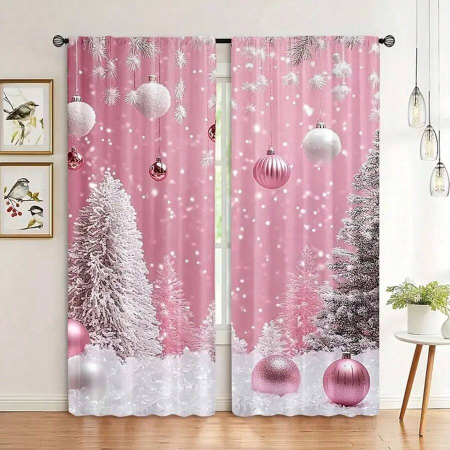 2 pezzi Tende natalizie rosa per Natale con design decorativo a cedro - Facili da installare, trattamento in poliestere con passante per asta, adatte per camere da letto, uffici, cucine, soggiorni - Aggiungono allegria festiva (senza asta) - Multicolore - Visualizzare 1