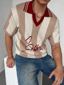 Suéter de cuello polo de color block casual y térmico de manga corta, esencial para otoño/invierno, opción de regalo perfecto para suéter de hombre en invierno, suéter de manga corta juvenil y urbano