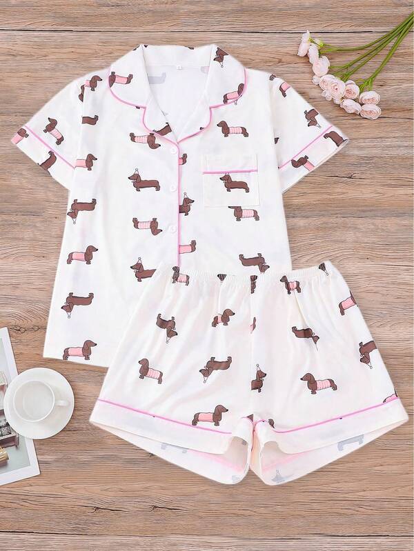 2pcs White Base Brown Puppy Print Women Plus Size Pajama Set, Short Sleeve Shirt With Collar & Button, Soft Top And Elastic Waist Loose Shorts, Lovely & Fashionable For Daily Wear, Holiday Sleepwear, Party Outfit, Comfortable Casual Home & Outdoor