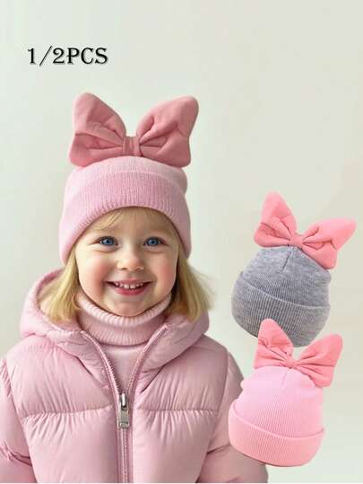 1/2pcs Baby/Toddler/Kids Knitted Bow Decor Warm Beanie Hat, Versatile For Daily Wear, Autumn/Winter