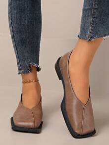 2025新款时尚女士珍珠漆皮复古方头玛丽珍平底鞋，百搭春秋乐福鞋，2025新款热销女士平底鞋 - 紫紅色 - 查看 3