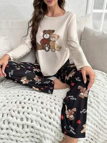 卡通印花长袖上衣和裤子睡衣套装，女士秋冬服装 - 白色 - 查看 1