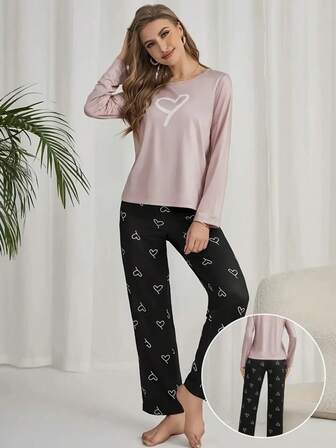 Lotus Root Pink Printed Long Sleeve Top & Pants Pajama Set For Women, Fall & Winter Clothes