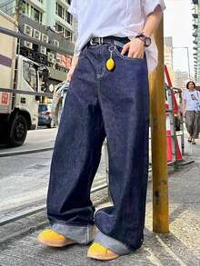 1pc Plus Size Men's Casual Wide Leg Jeans, Loose And Versatile Denim Pants (Belt And Accessories Not Included) - Blue - View 4