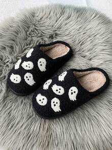 万圣节鬼魂图案保暖拖鞋，冬季蓬松厚实室内拖鞋 - 黑色+白色 - 查看 11