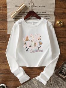 女式休闲卡通猫咪印花修身短款长袖T恤，百搭，棉质，春秋季 - 白色 - 查看 2