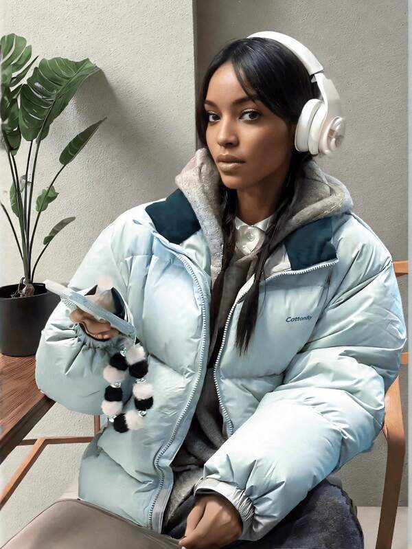 Ladies Fashion Button Zipper Sleeve Stitching Warm Thickened Jacket