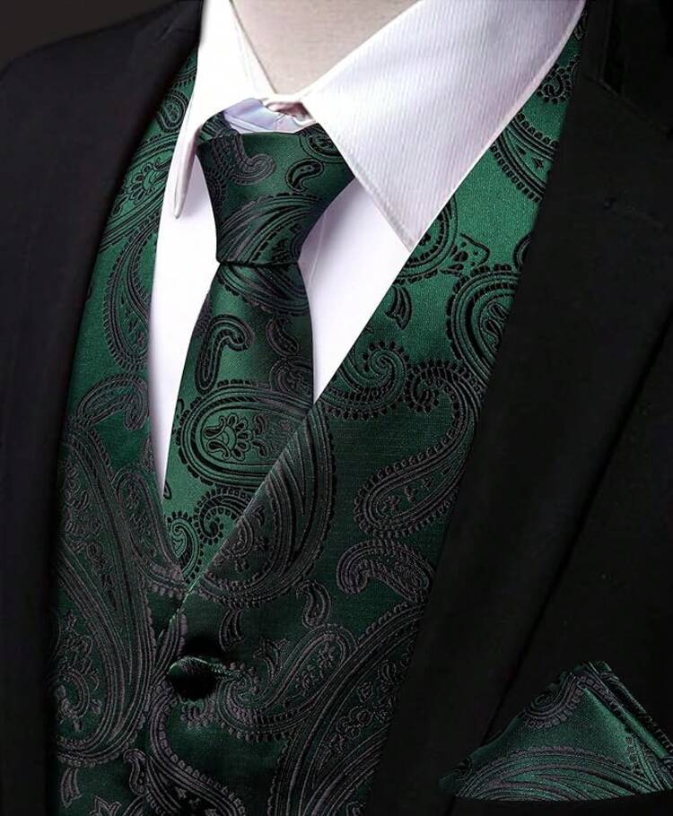 Mens Victorian Vest Tie Set Silk Paisley Suit Vests Formal Waistcoat Gothic Steampunk Vest With Notched Lapelshalloween - Emerald Green-1 - View 11