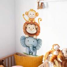 Zeitgenössische Tier Muster Wandaufkleber, selbstklebende Polypropylen Aufkleber mit Affen-, Löwen- und Elefantenmuster, geeignet für Schlafzimmer und Wohnzimmer Dekoration, Schlafzimmer Wanddekoration | Fantasievolles Tiermotiv | Einfach zu installieren Wandkunst, Tierwanddekor