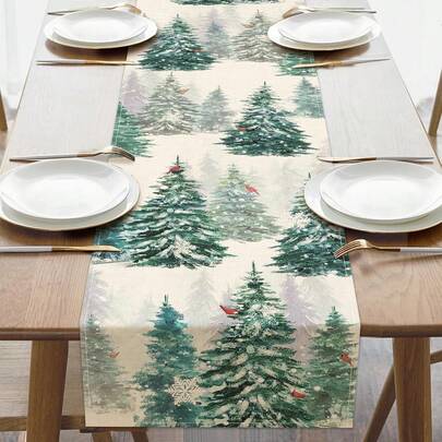 1 pièce Chemin de table Sapin d'hiver, décoration de table de cuisine et salle à manger avec oiseau rouge de forêt enneigée et flocons de neige. Décoration saisonnière en toile de jute pour l'intérieur et l'extérieur, fournitures pour fête
