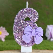 1 件闪亮紫色闪光蜡烛，配有奢华蝴蝶结装饰，生日派对婚礼装饰 - 淺紫領結 - 查看 10