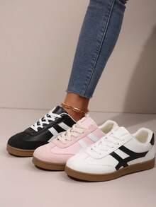 女士时尚新款春秋圆头户外休闲运动鞋，几何拼接条纹粉色运动鞋，舒适柔软休闲鞋，滑板鞋，白色运动鞋 - 黑色 - 查看 8