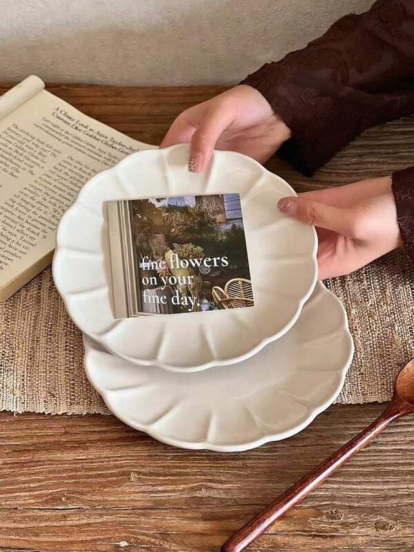 1pc Wabi-Sabi Style Vintage Floral Rim Ceramic Shallow Plate, Simple Tableware Dessert Plate, Breakfast Plate, Pasta/Western Dish Plate