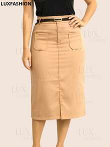 Women's Social Midi Skirt Evangelical Fashion Tailoring With Belt - Màu be - Xem 6