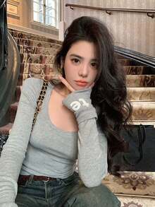 Women's Autumn Round Neck Long Sleeve Fitted Letter Print T-Shirt - Grey - View 8