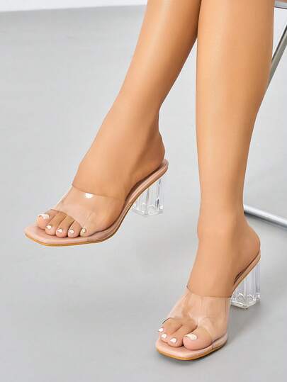 Women's Thick Heel High Heel Mule Sandals, Summer Breathable Slip-On Clogs, Sexy Transparent Casual Versatile Open Toe Elegant Comfortable Peep Toe High Heel Sandals