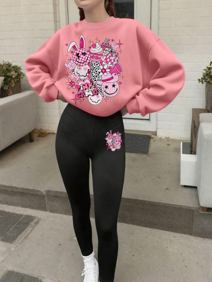 Bộ 2 quần nỉ và quần legging in họa tiết hoạt hình dễ thương và phong cách cho bé gái tuổi teen, thoải mái và co giãn, trang phục thường ngày cho mùa xuân thu - Hồng - Xem 1