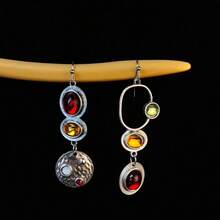 1 Pair Elegant Asymmetric Enamel Colored Glass Unique Personalized Earrings, Versatile For Autumn/Winter, Vintage Novelty Gemstone Earrings, Suitable For Halloween, Christmas, Holiday Gifts - Silver - View 2