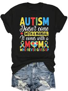 La autismo no viene con un manual, viene con una mamá' Camiseta unisex de verano, casual, transpirable, de personalidad, cuello redondo, manga corta, ropa de calle, versátil, adecuada para adolescentes y adultos - Negro - Ver 1