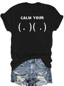 Camiseta "Calm Your" unisex de verano, casual, transpirable y de personalidad con cuello redondo, manga corta, ropa de calle y versátil, adecuada para adolescentes y adultos - Negro - Ver 1