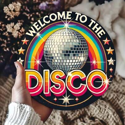 1pc Retro Disco Welcome Sign, Round Iron Wall Art, 7.87 Inch Vintage Home Bar Club Decor, Man Cave, Outdoor Patio - Iron Material