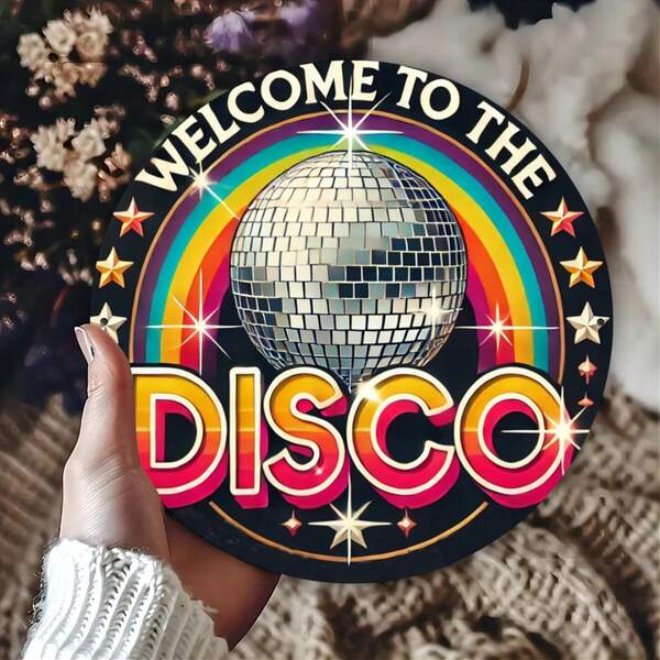 1pc Retro Disco Welcome Sign, Round Iron Wall Art, 7.87 Inch Vintage Home Bar Club Decor, Man Cave, Outdoor Patio - Iron Material