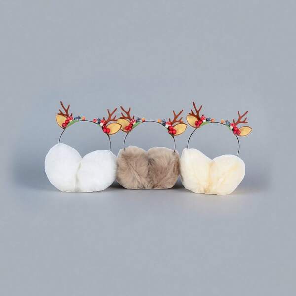 1pc[Christmas Reindeer Style]Plush Faux Rabbit Fur Ear Muffs, Windproof Cold Weather Thermal Ear Warmers, Winter Sports Riding Ear Protection, Christmas New Year Gift Set