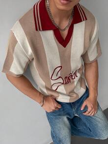 Suéter de cuello polo de color block casual y térmico de manga corta, esencial para otoño/invierno, opción de regalo perfecto para suéter de hombre en invierno, suéter de manga corta juvenil y urbano