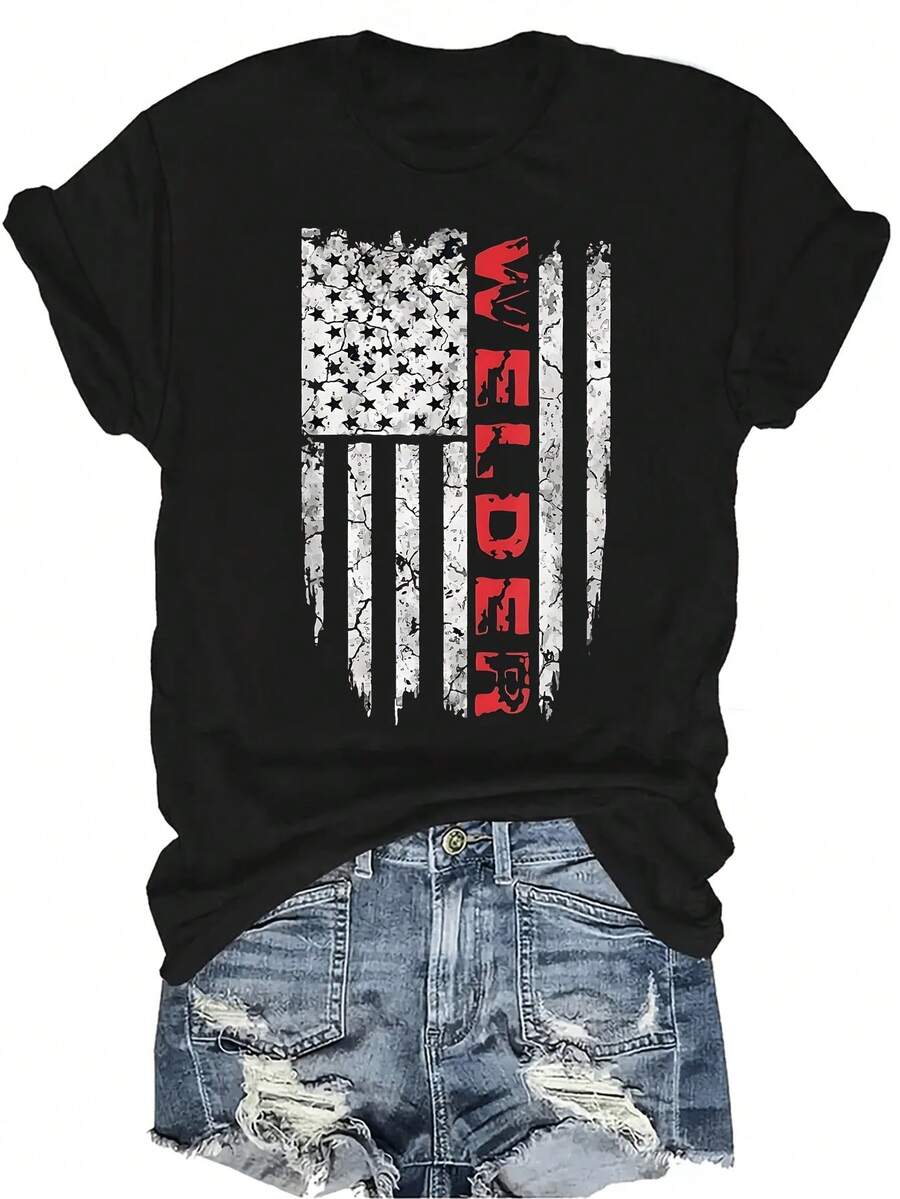 Camiseta de soldador estadounidense Orgulloso de la camiseta USA Unisex Verano Casual Transpirable Personalidad Cuello redondo Manga corta Camiseta Ropa de calle Versátil Adecuado para adolescentes y adultos - Negro - Ver 1