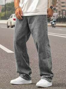 1 件男士直筒常规款浅蓝色休闲舒适牛仔裤，适合城市散步和户外活动，春夏季 - 灰色 - 查看 4