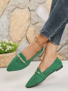 43 Wide Fit Pointed Toe Slip-On Flats With Gold Stripe Decor, Comfortable Casual Ballet Flats For Daily Outdoor Wear, Spring/Autumn - Green - View 3