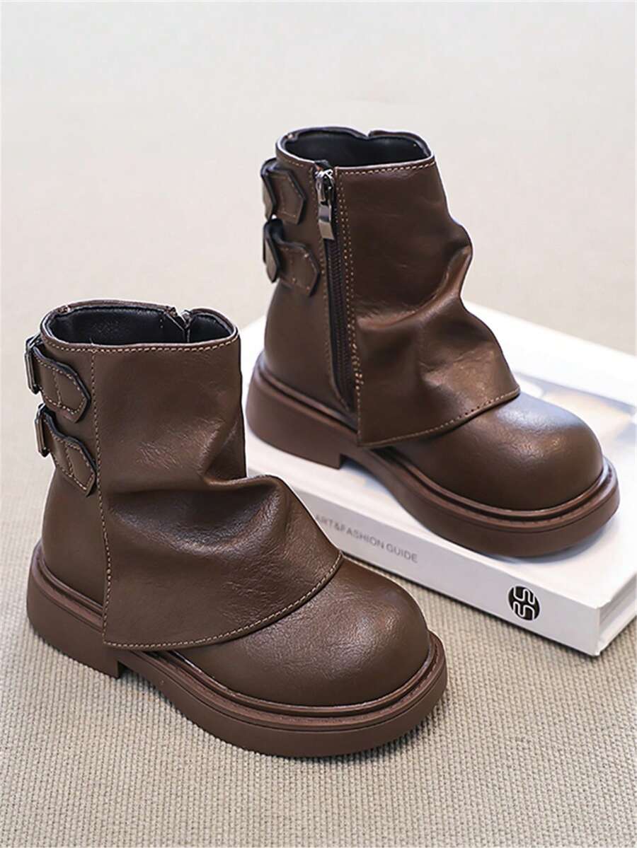 Children's Boots, New Autumn 2025 Outdoor Short Boots Mid-Calf Boots, Girls Metal Buckle Work Boots, Anti-Slip - Brown - View 1