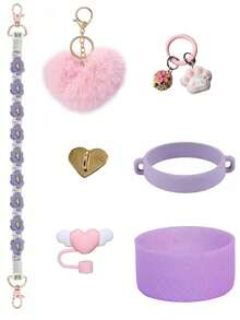 7 pièces Ensemble d'accessoires de tasse multicolore, convenant pour les accessoires de tasse de 40 onces, ensemble de tasse en silicone multiflash, comprenant un couvercle de paille en forme de cœur, une sangle de tasse en osier, un pendentif en boule rose en forme de cœur et un ensemble d'accessoires en forme de patte de chat