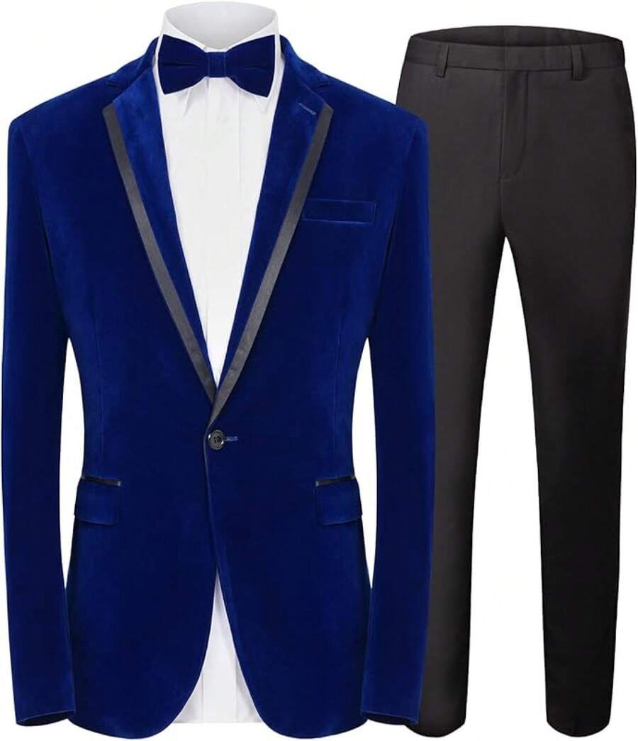 2026 Men's Casual Blazer & Pant Set Men's 2 Piece Velvet Suit Peak Lapel One Button Slim Fit Tuxedo Blazer Party Dinner Jacket & Pants Relaxed Stretch Fit For Smart Casual Events - 藍色拼接翻領 - 查看 1