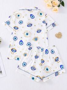 2pcs/Set Women Plus Size Cool Light Blue Eye Print Pajama Set, Soft Short Sleeve Shirt With Collar & Button, And Elastic Waist Shorts, Stylish Sleepwear For Daily, Holiday Party, Casual Home & Outdoor Wear - Blue - View 2