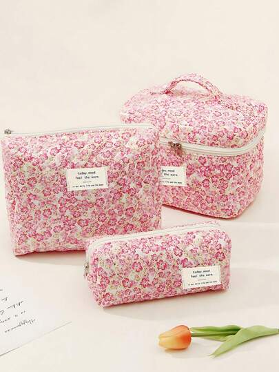 3pcs/Set Floral Pattern Makeup Bag With Handle, Large Handheld Cosmetic Bag, Travel Makeup Organizer, Niche Design Portable Zipper Pouch For Skincare, Lotion, Lipstick, Eyeliner And Makeup Tools, Personalized Cosmetic Bag For Women
