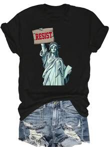 Camiseta con estampado de la Estatua de la Libertad sosteniendo un cartel de "Resistir", de cuello redondo, de manga corta, transpirable, de estilo casual y versátil, adecuada para adolescentes y adultos - Negro - Ver 1