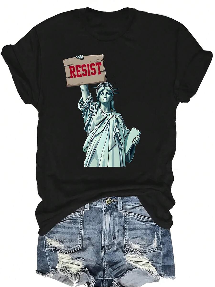 Camiseta con estampado de la Estatua de la Libertad sosteniendo un cartel de "Resistir", de cuello redondo, de manga corta, transpirable, de estilo casual y versátil, adecuada para adolescentes y adultos - Negro - Ver 1