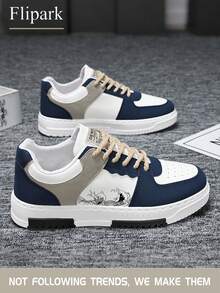 Flipark [Recommend Taking One Size Smaller] Men's Fashion Contrast Color Random Print Lace-Up Casual Flat Sneakers, Personalized Patchwork Outdoor Casual Sports Shoes, Couple Shoes