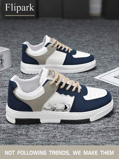 Flipark [Recommend Taking One Size Smaller] Men's Fashion Contrast Color Random Print Lace-Up Casual Flat Sneakers, Personalized Patchwork Outdoor Casual Sports Shoes, Couple Shoes