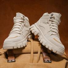 男士时尚靴子，厚底防滑耐用靴子，适合青少年，摩托车靴，休闲鞋 - 卡其色 - 查看 3