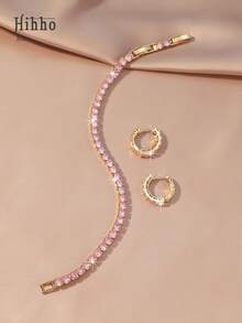 Hihho 3pcs Cubic Zirconia Wedding Jewelry Set, Bridal Cubic Zirconia Tennis Bracelet, Women Jewelry Set