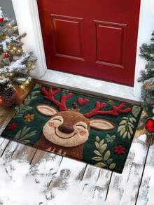 1 Peça Tapete de Banheiro de Microfibra com Desenho de Cervo de Natal - Seca Rapidamente e Absorve Bem a Água, com um Padrão Festivo de Bagas Vermelhas e Folhas Verdes. Perfeito para Decoração de Cozinha e Banheiro. Lavável em Máquina. Decoração de Banheiro de Natal.