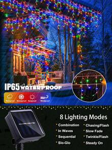 太陽能戶外窗簾燈 3.5m/7m 防水抗霜冰柱串燈 8種閃爍模式 97 LED/160 LED 太陽能串燈 16/27條裝 裝飾燈簾，適用於冬季、戶外、聖誕節、花園、婚禮、樓梯、屋頂、臥室、派對裝飾 - Solar Icicle String Lights - 查看 5