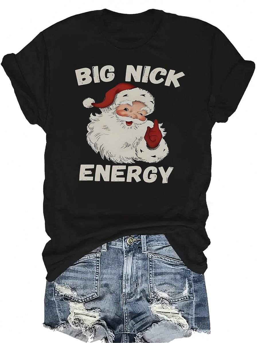 Camiseta "Big Nick Energy" Unisex, de verano, casual, transpirable, con personalidad, cuello redondo, manga corta, ropa de calle, versátil, adecuada para adolescentes y adultos - Negro - Ver 1