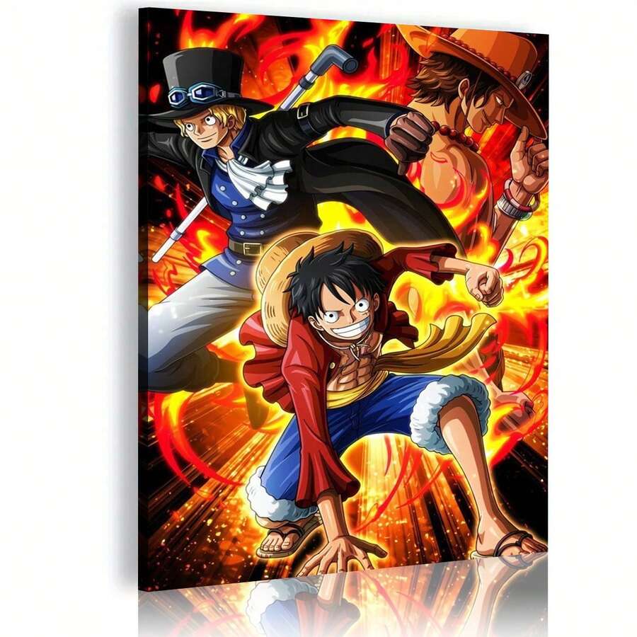 1pc Anime Canvas Art - Ace One Piece Fiery Portrait With Red Hair & Blue Accents, Dynamic Action Pose, Perfect For Living Room, Bedroom, Office, Playroom Or Man Cave Decor, Anime Room Decor, Perfect Room Decoration, No Frame.
