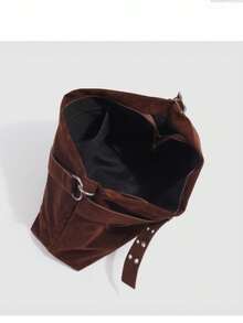 Niche Design 新款绒面绒休闲手提包，大容量，宽肩带，单肩斜挎包， - 咖啡棕 - 查看 5