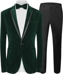 2026 Men's Casual Blazer & Pant Set  Men's 2 Piece Velvet Suit Peak Lapel One Button Slim Fit Tuxedo Blazer Party Dinner Jacket & Pants Relaxed Stretch Fit For Smart Casual Events - 綠色拼接翻領 - 查看 1