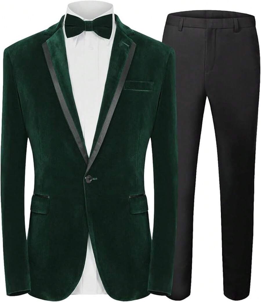 2026 Men's Casual Blazer & Pant Set Men's 2 Piece Velvet Suit Peak Lapel One Button Slim Fit Tuxedo Blazer Party Dinner Jacket & Pants Relaxed Stretch Fit For Smart Casual Events - 綠色拼接翻領 - 查看 1